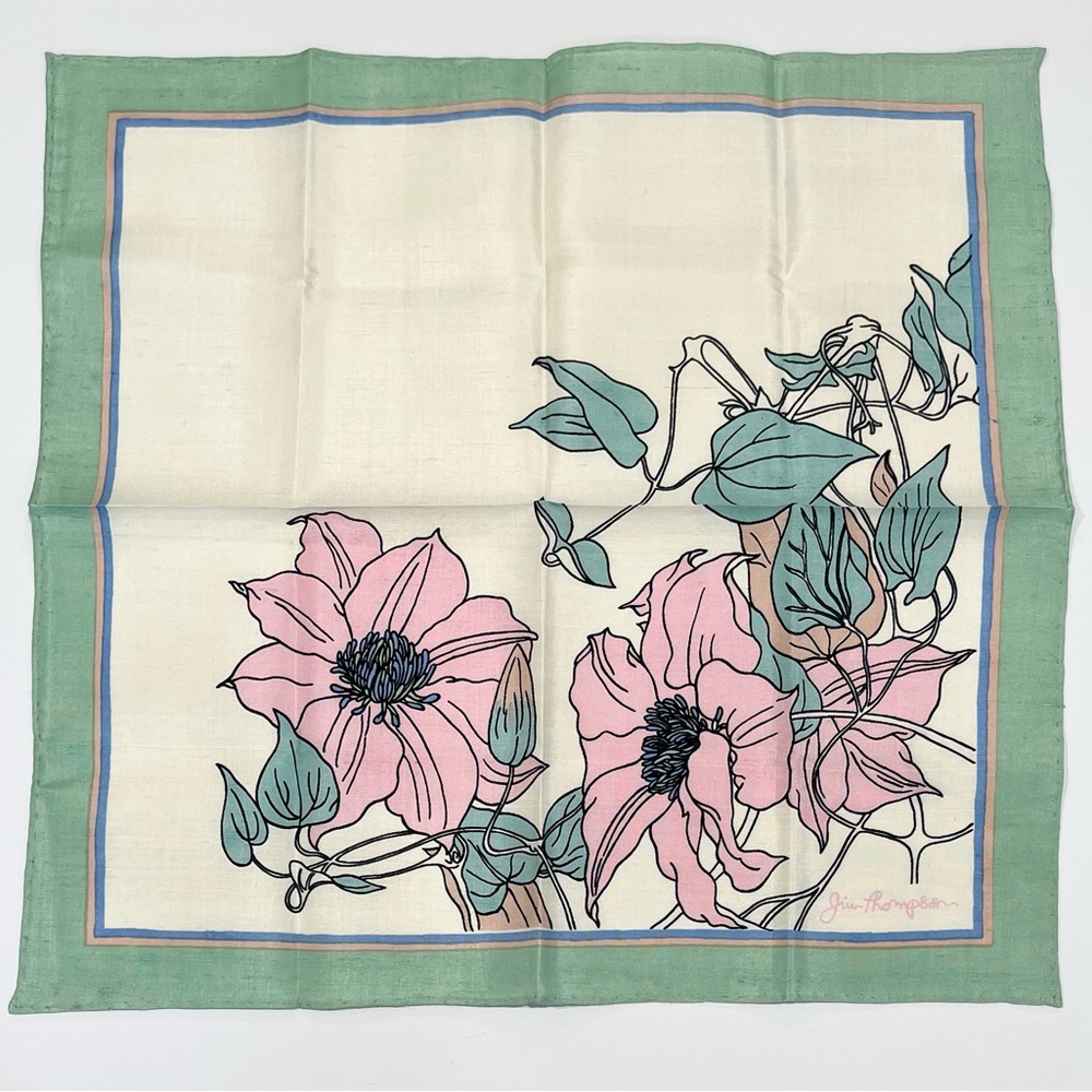 Jim Thompson Vintage Handkerchief Green Silk Floral Pocket Square 15.8”
